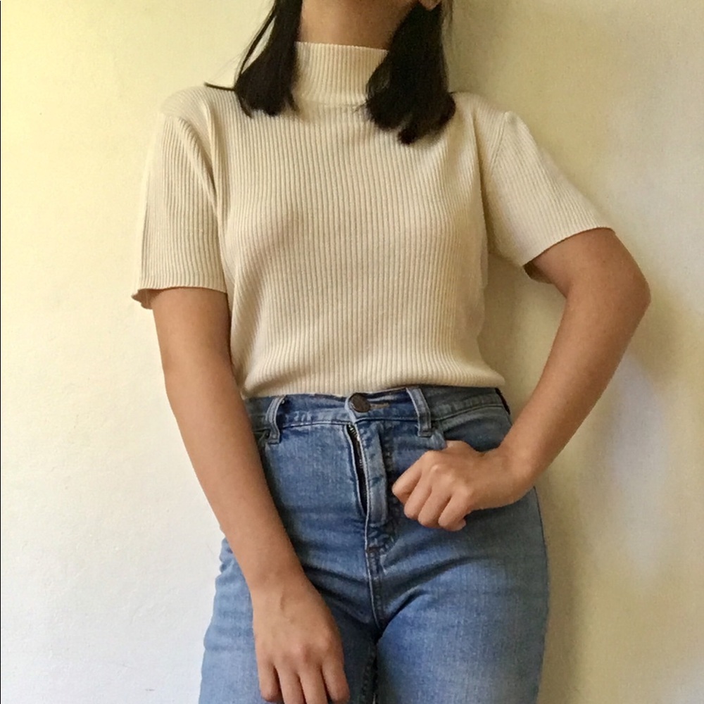 Silk Mock Neck Ribbed Top